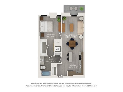 A floor plan of a small apartment with a bedroom, bathroom, living/dining area, kitchen, and a small entry way.